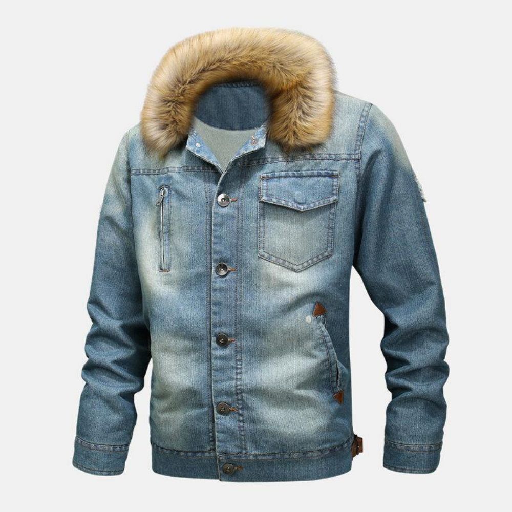 Herenmode 100% Katoenen Zakken Denim Fleece Verdikte Opstaande Kraag Casual Jas