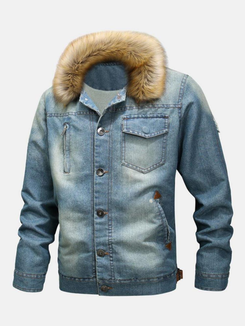 Herenmode 100% Katoenen Zakken Denim Fleece Verdikte Opstaande Kraag Casual Jas