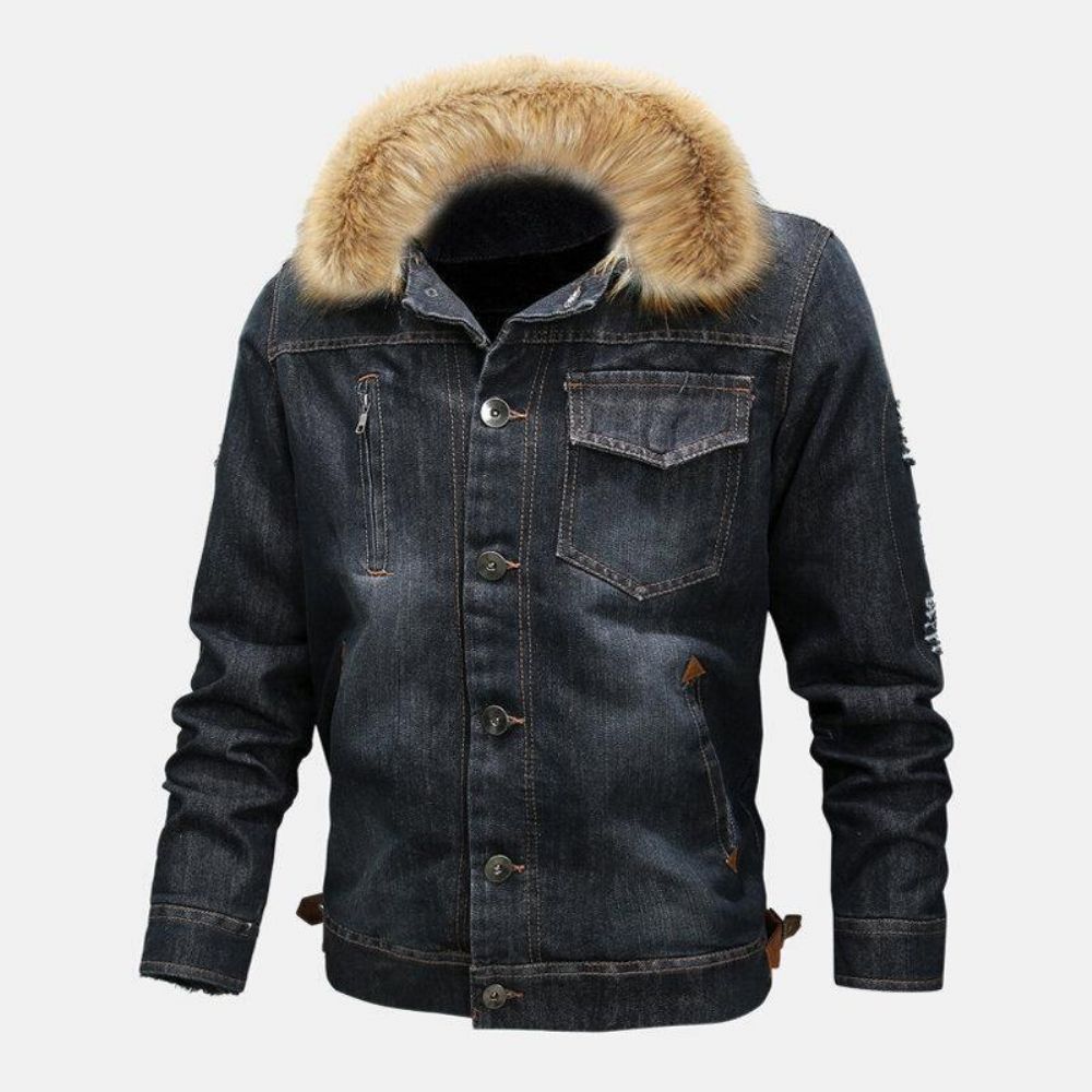 Herenmode 100% Katoenen Zakken Denim Fleece Verdikte Opstaande Kraag Casual Jas