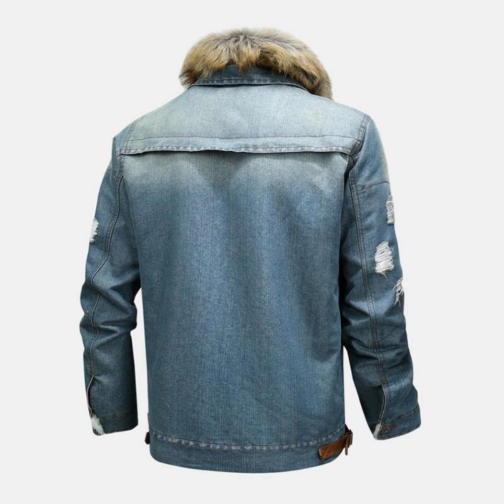 Herenmode 100% Katoenen Zakken Denim Fleece Verdikte Opstaande Kraag Casual Jas