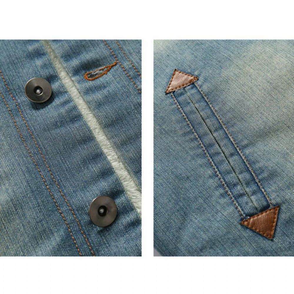 Herenmode 100% Katoenen Zakken Denim Fleece Verdikte Opstaande Kraag Casual Jas