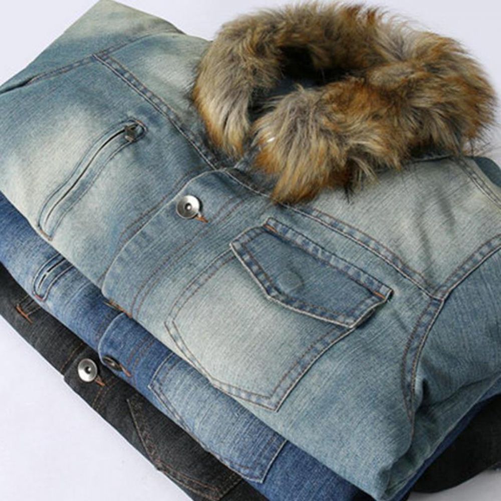 Herenmode 100% Katoenen Zakken Denim Fleece Verdikte Opstaande Kraag Casual Jas