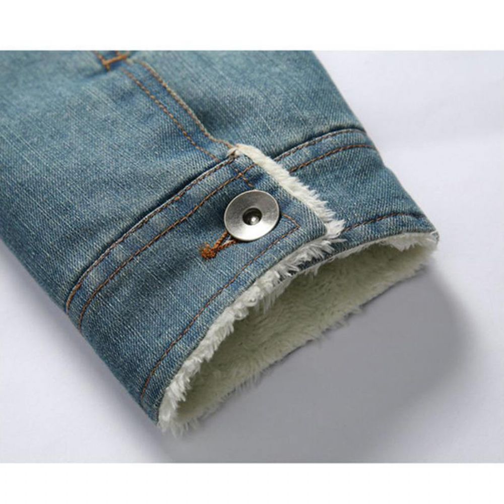 Herenmode 100% Katoenen Zakken Denim Fleece Verdikte Opstaande Kraag Casual Jas