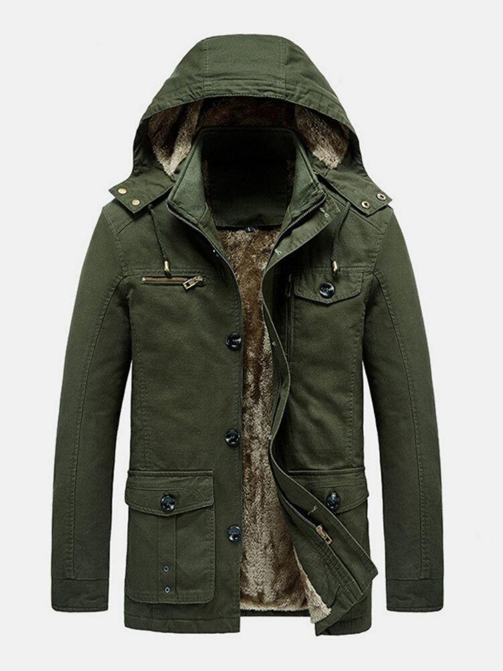 Warme Parka'S Met Fleecevoering Heren Van Dikker Katoen Met Knoopdetail Afneembare Capuchon