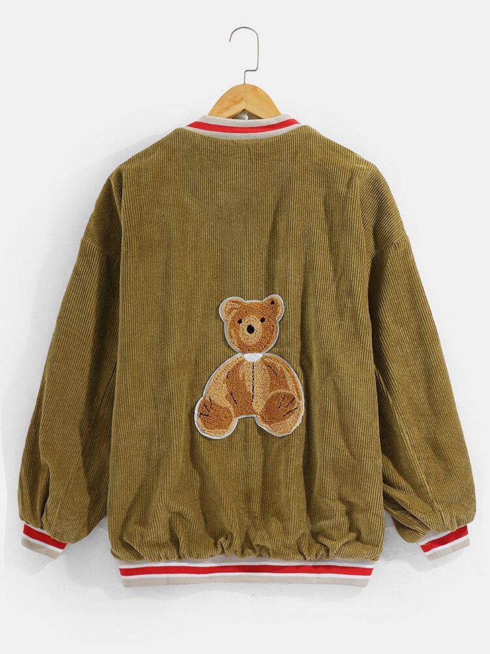 Heren Corduroy Doll Bear Back Applique Baseball Collar Jakcet Met Zak