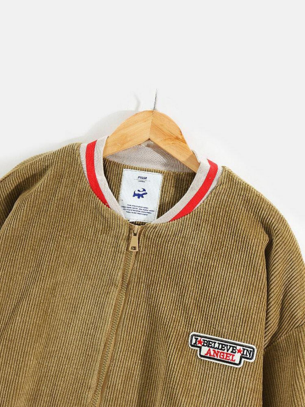 Heren Corduroy Doll Bear Back Applique Baseball Collar Jakcet Met Zak