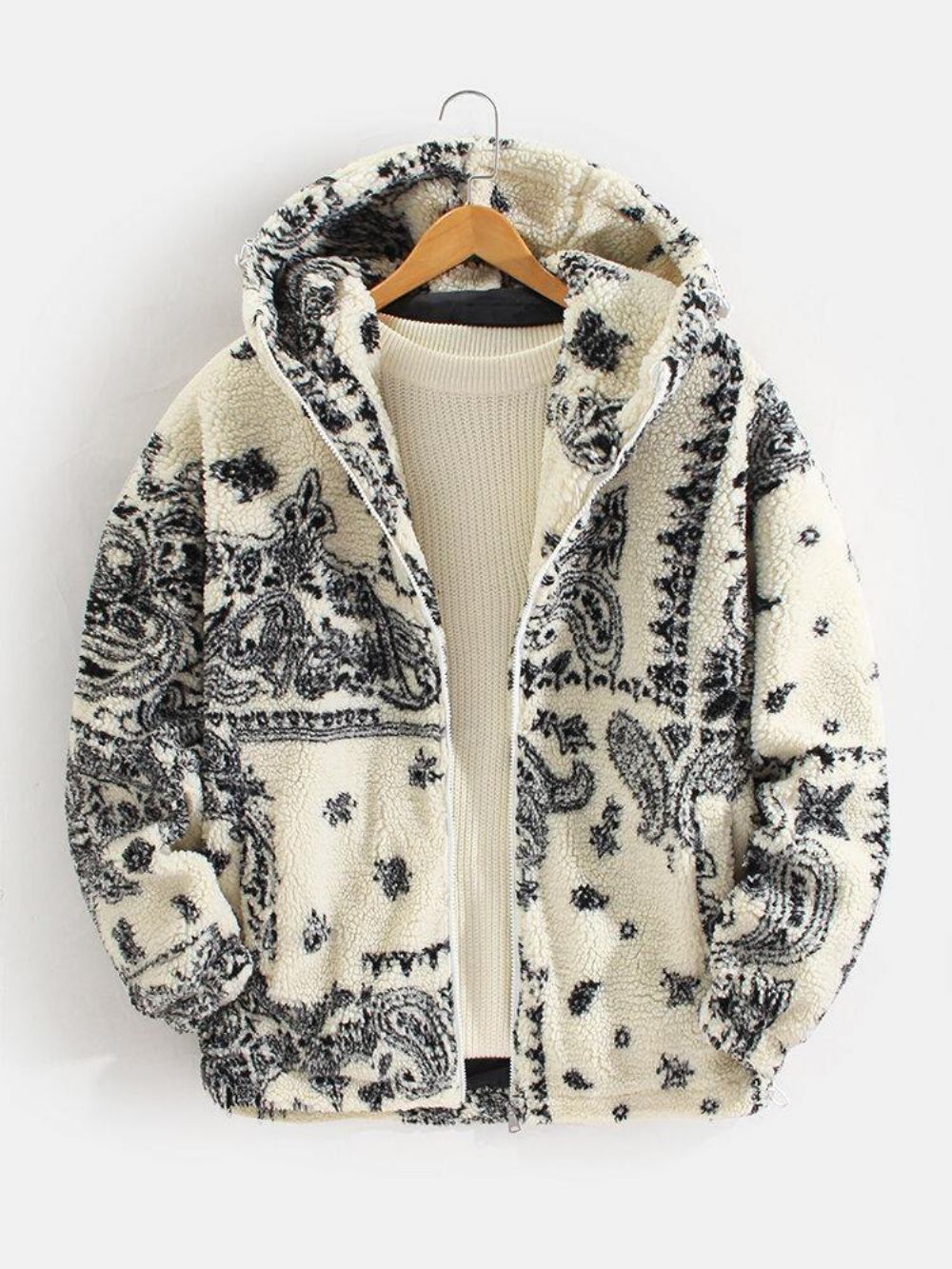 Warme Sherpa Herenjas Met Capuchon Zak In Barokke Print In Etnische Stijl