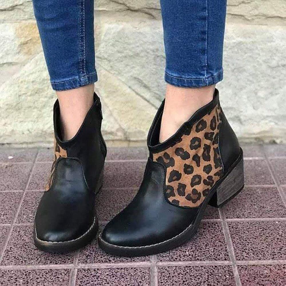 Casual Splicing Leopard Side Zipper Chunky Heel Cowboy Enkellaarsjes Dames