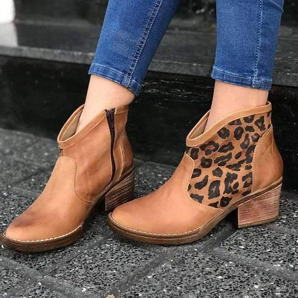 Casual Splicing Leopard Side Zipper Chunky Heel Cowboy Enkellaarsjes Dames