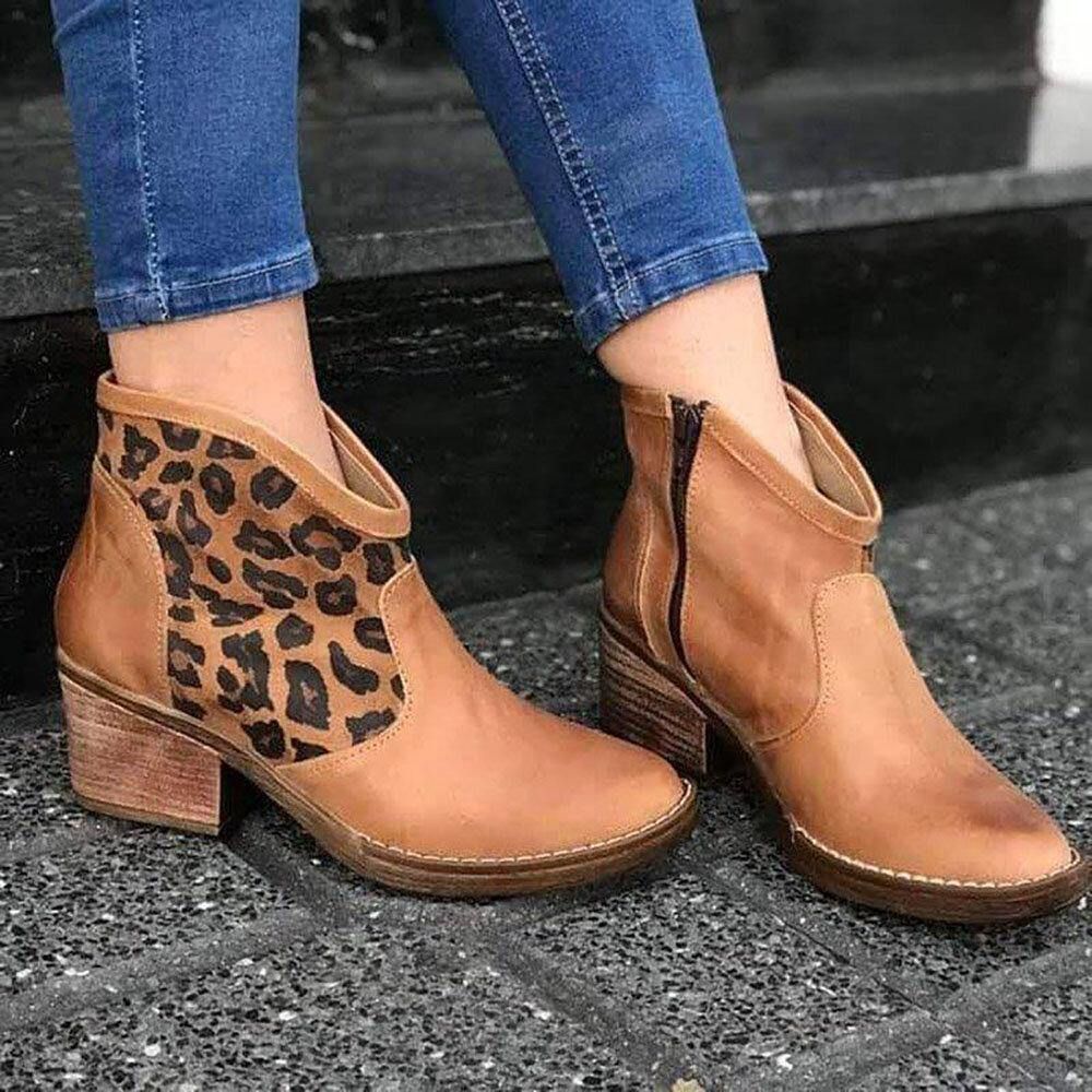 Casual Splicing Leopard Side Zipper Chunky Heel Cowboy Enkellaarsjes Dames