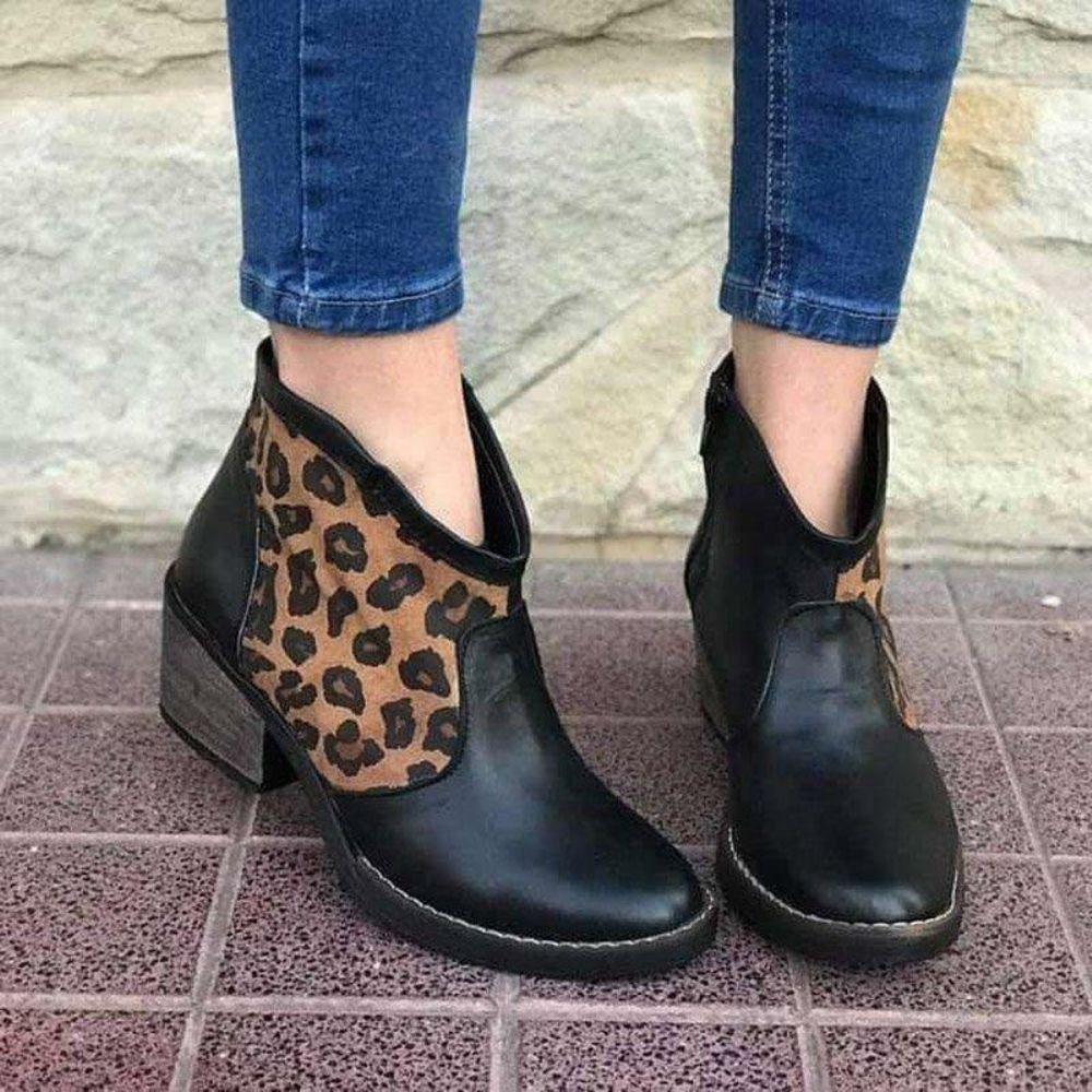 Casual Splicing Leopard Side Zipper Chunky Heel Cowboy Enkellaarsjes Dames