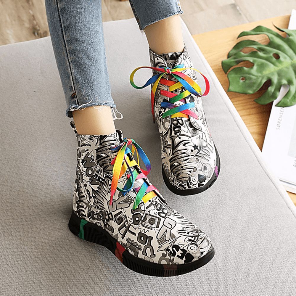 Dames Casual Letter Graffiti Printing Multicolor Lace-Up Korte Gevechtslaarzen