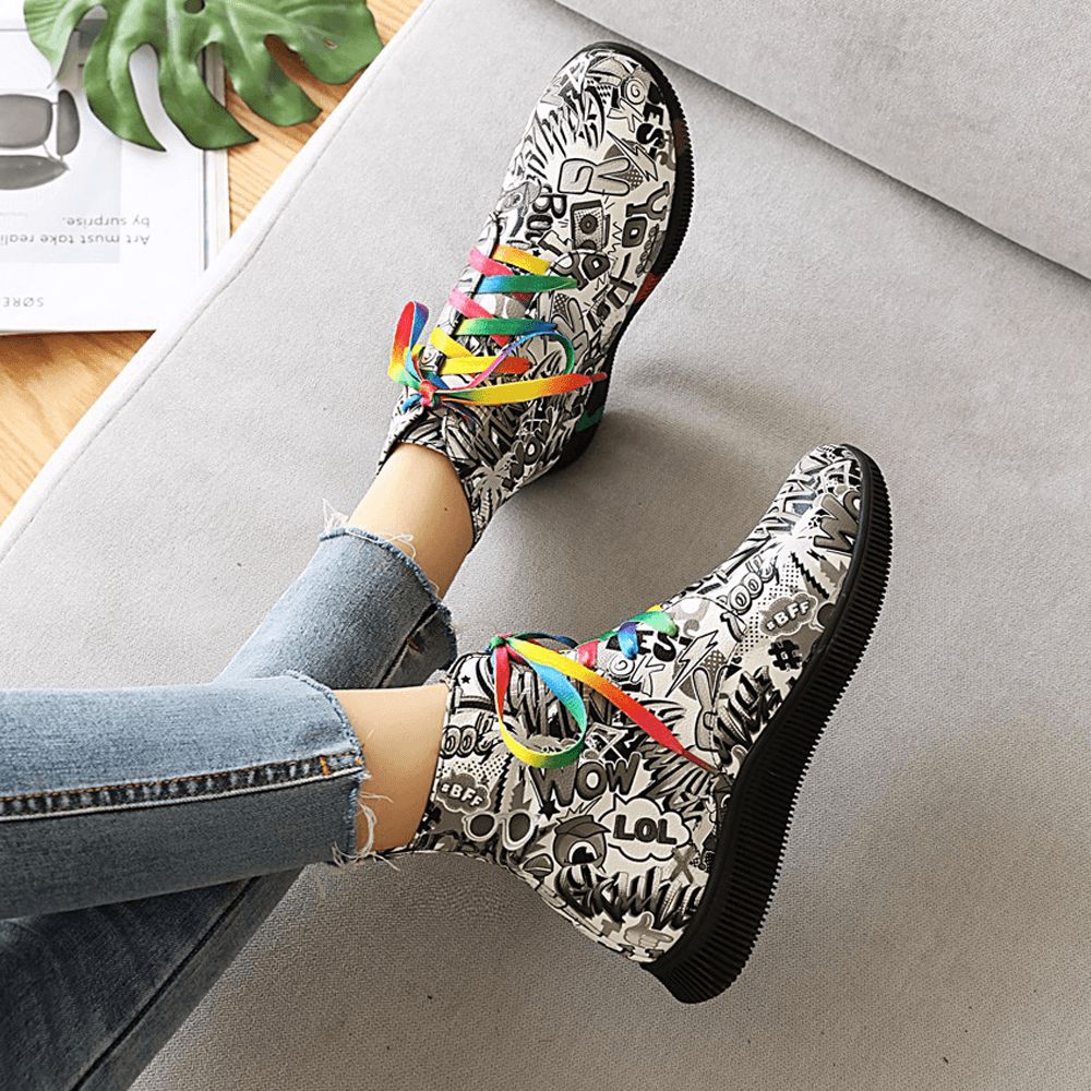 Dames Casual Letter Graffiti Printing Multicolor Lace-Up Korte Gevechtslaarzen