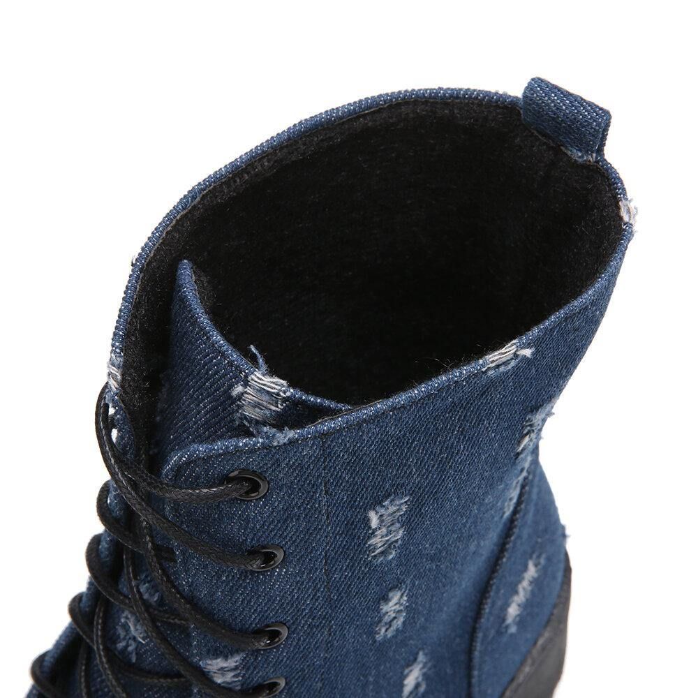 Dames Grote Maat Denim Ronde Neus Lace-Up Chunky Heel Tooling Korte Laarzen