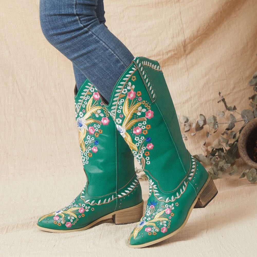 Dames Lederen Retro Bloemenprint Draagbare Comfortabele Slip Op Dikke Hak Halfhoge Cowboylaarzen