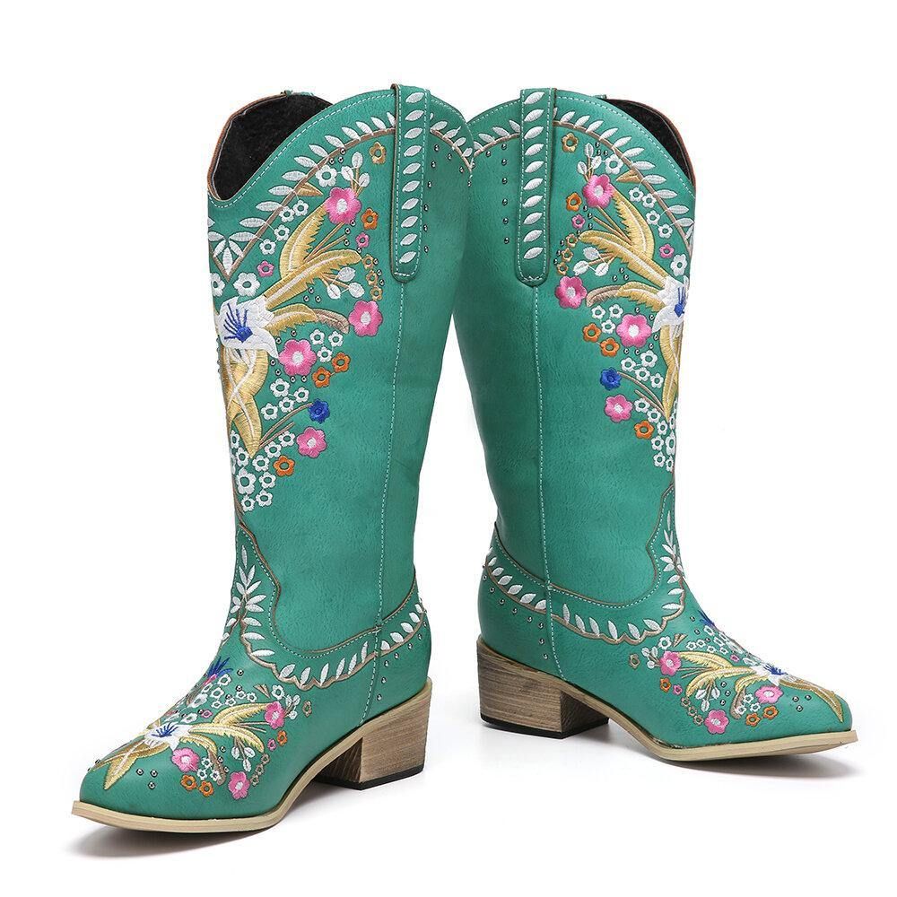 Dames Lederen Retro Bloemenprint Draagbare Comfortabele Slip Op Dikke Hak Halfhoge Cowboylaarzen