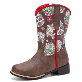 Dames Retro Bloemenprint Puntige Teen Rits Mid-Kalf Cowboylaarzen