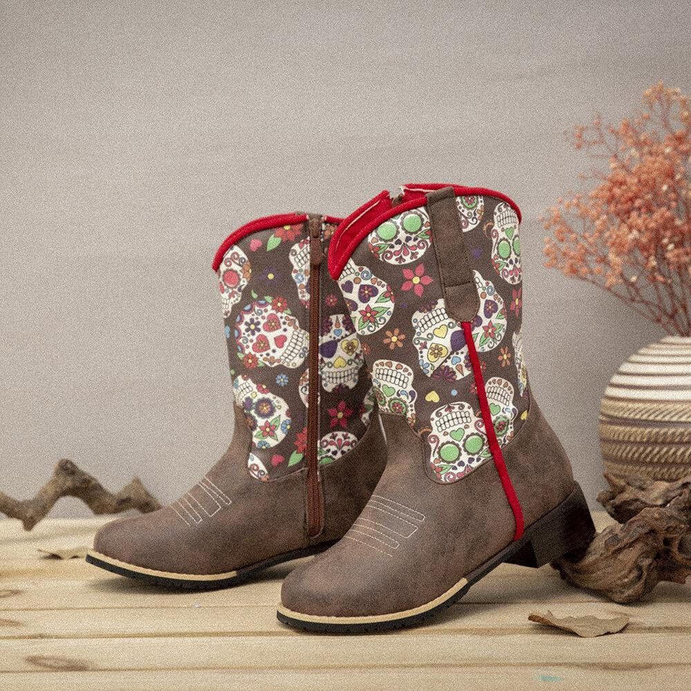 Dames Retro Bloemenprint Puntige Teen Rits Mid-Kalf Cowboylaarzen