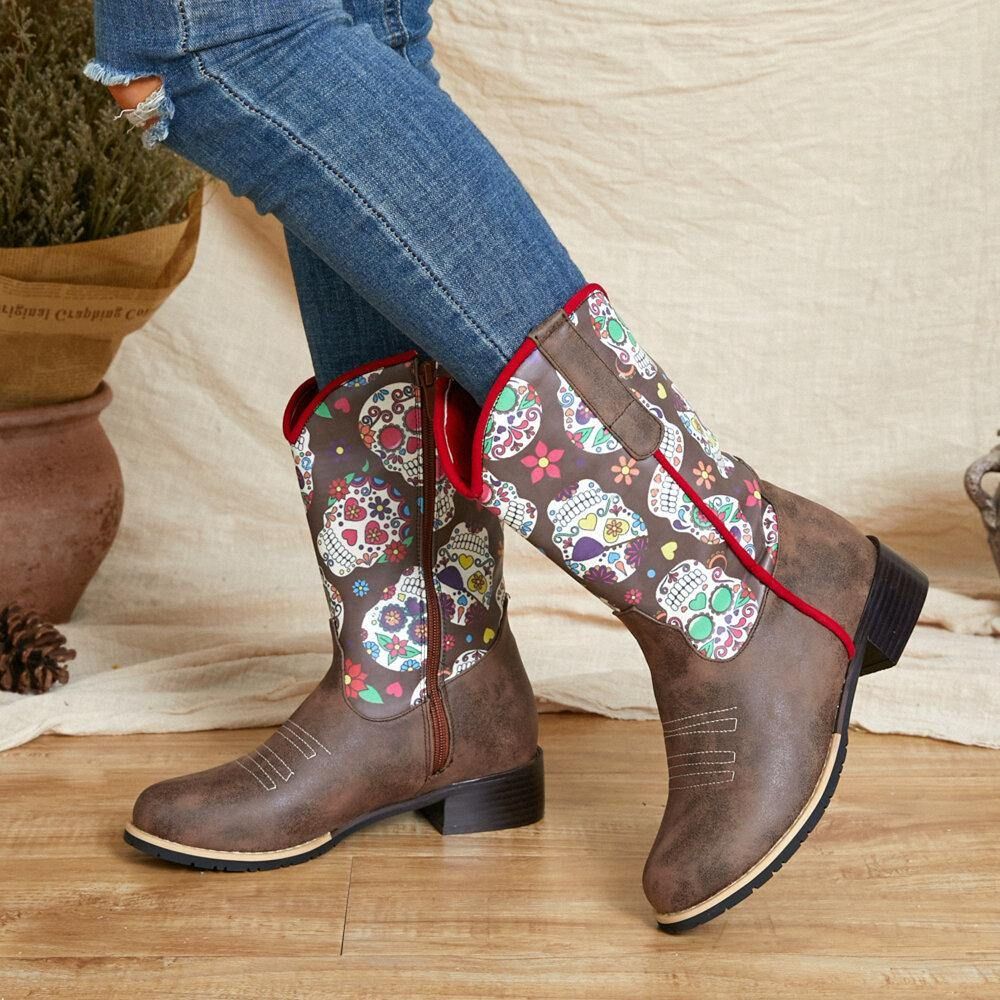 Dames Retro Bloemenprint Puntige Teen Rits Mid-Kalf Cowboylaarzen