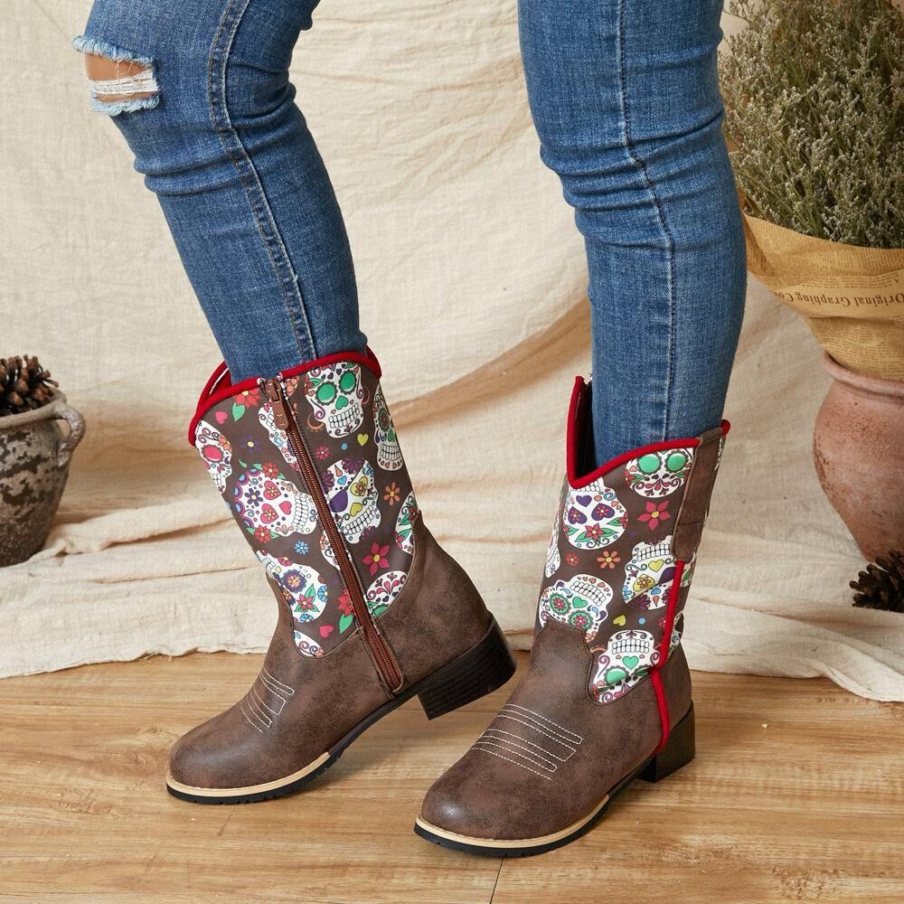 Dames Retro Bloemenprint Puntige Teen Rits Mid-Kalf Cowboylaarzen