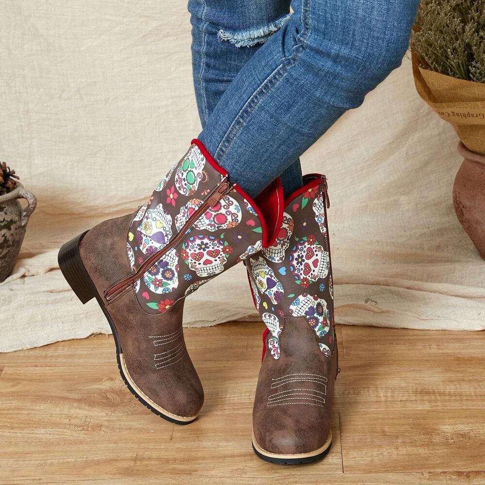 Dames Retro Bloemenprint Puntige Teen Rits Mid-Kalf Cowboylaarzen