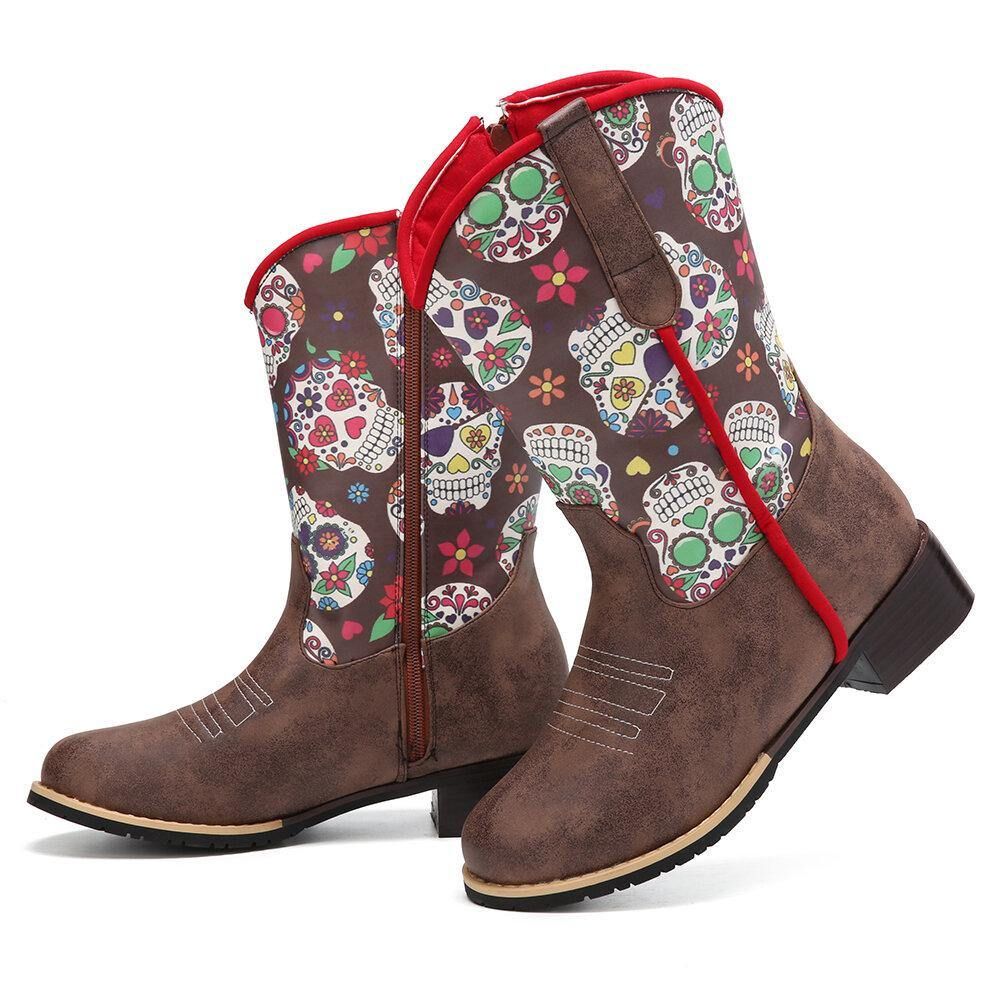 Dames Retro Bloemenprint Puntige Teen Rits Mid-Kalf Cowboylaarzen