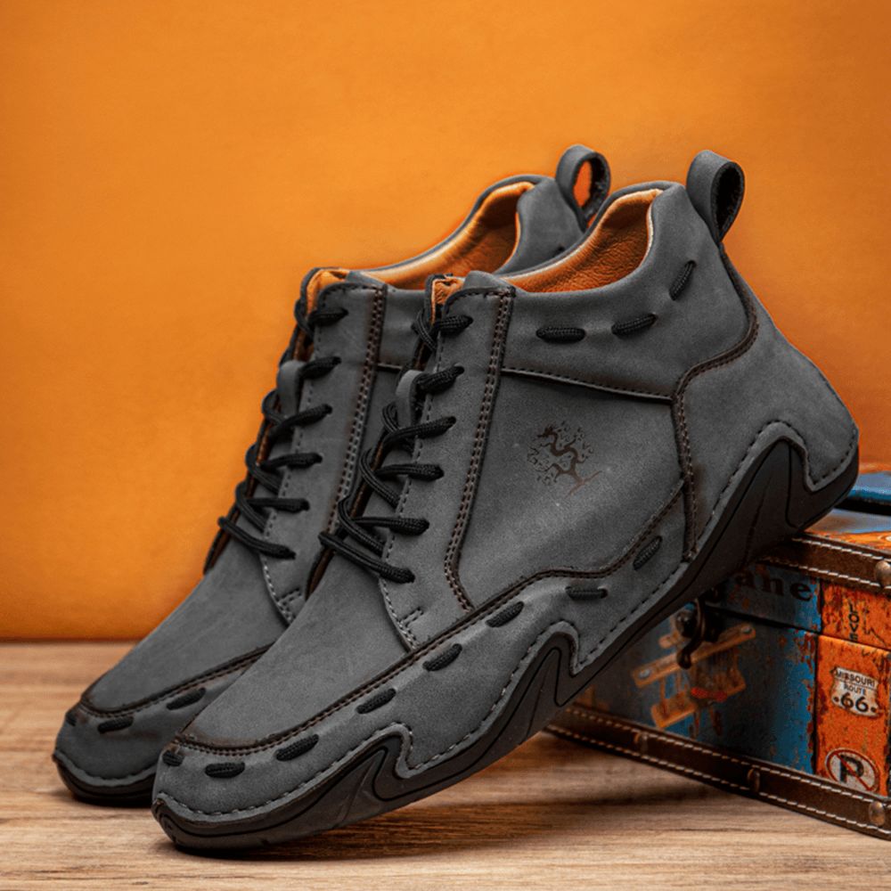 Heren Retro Hand Stiksels Lederen Antislip Zachte Veterschoenen Enkellaarsjes