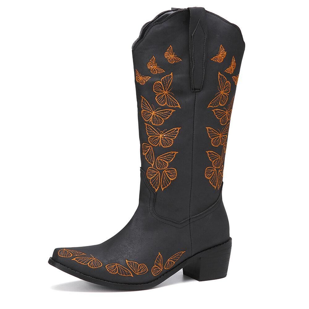 Plus Size Dames Retro Vlinder Geborduurde Mid Kalf Cowboylaarzen