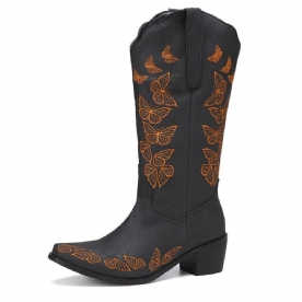 Plus Size Dames Retro Vlinder Geborduurde Mid Kalf Cowboylaarzen