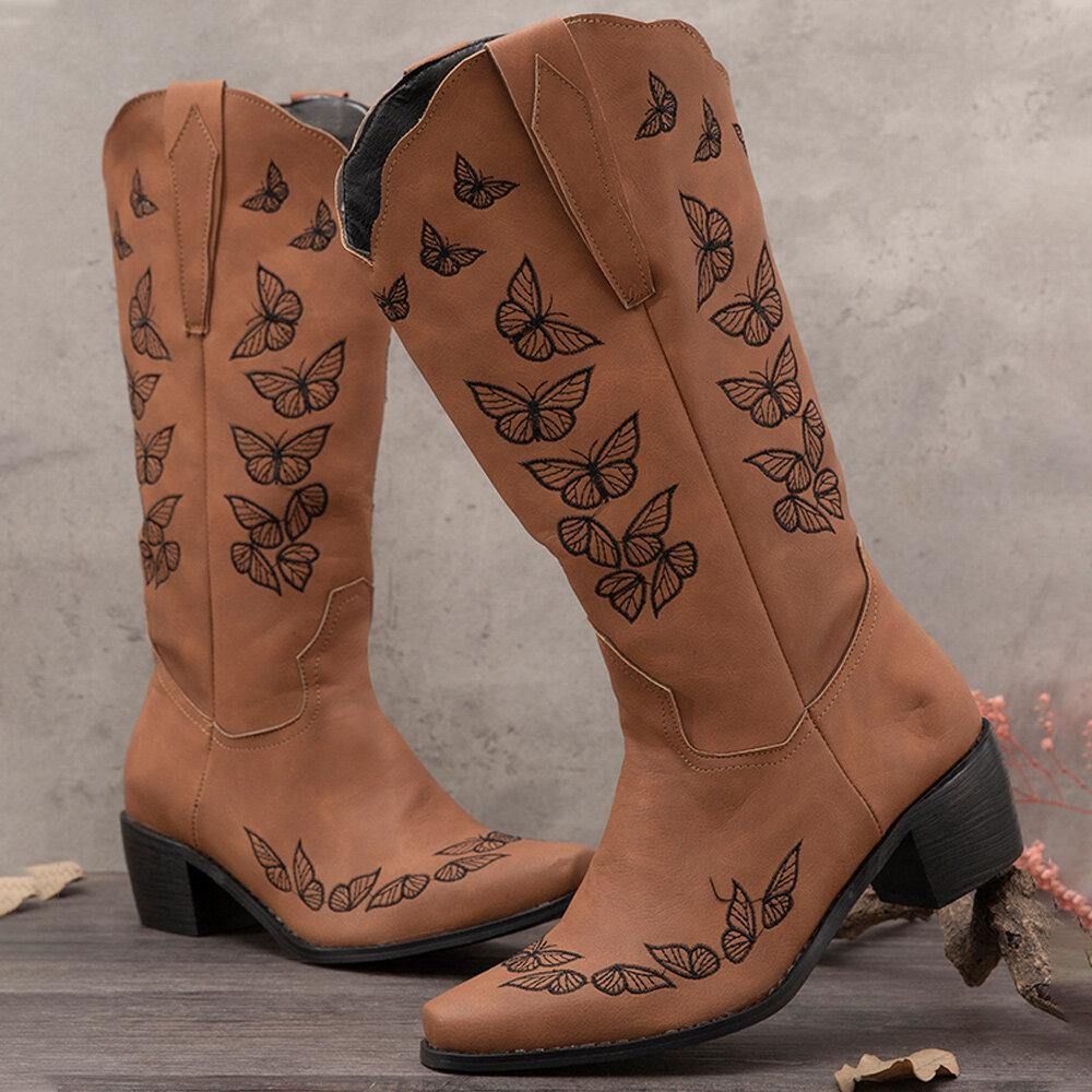 Plus Size Dames Retro Vlinder Geborduurde Mid Kalf Cowboylaarzen