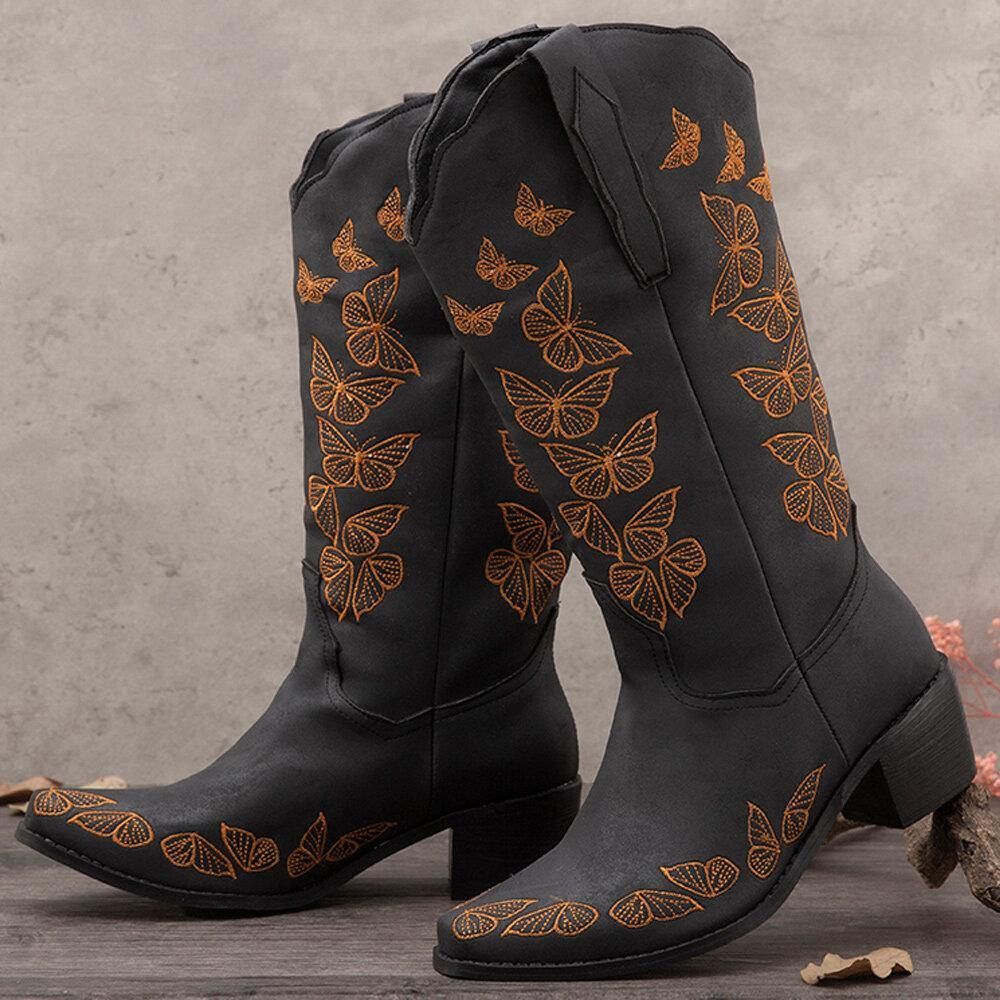 Plus Size Dames Retro Vlinder Geborduurde Mid Kalf Cowboylaarzen