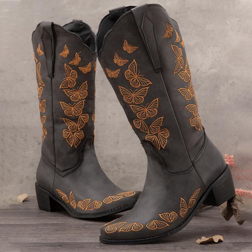 Plus Size Dames Retro Vlinder Geborduurde Mid Kalf Cowboylaarzen