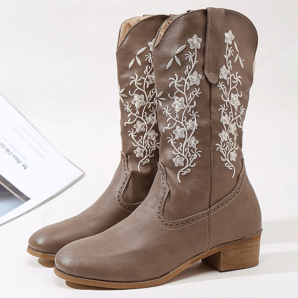 Retro Bloemen Vierkante Teen Slip Op Halfhoge Blokhak Cowboylaarzen Dames