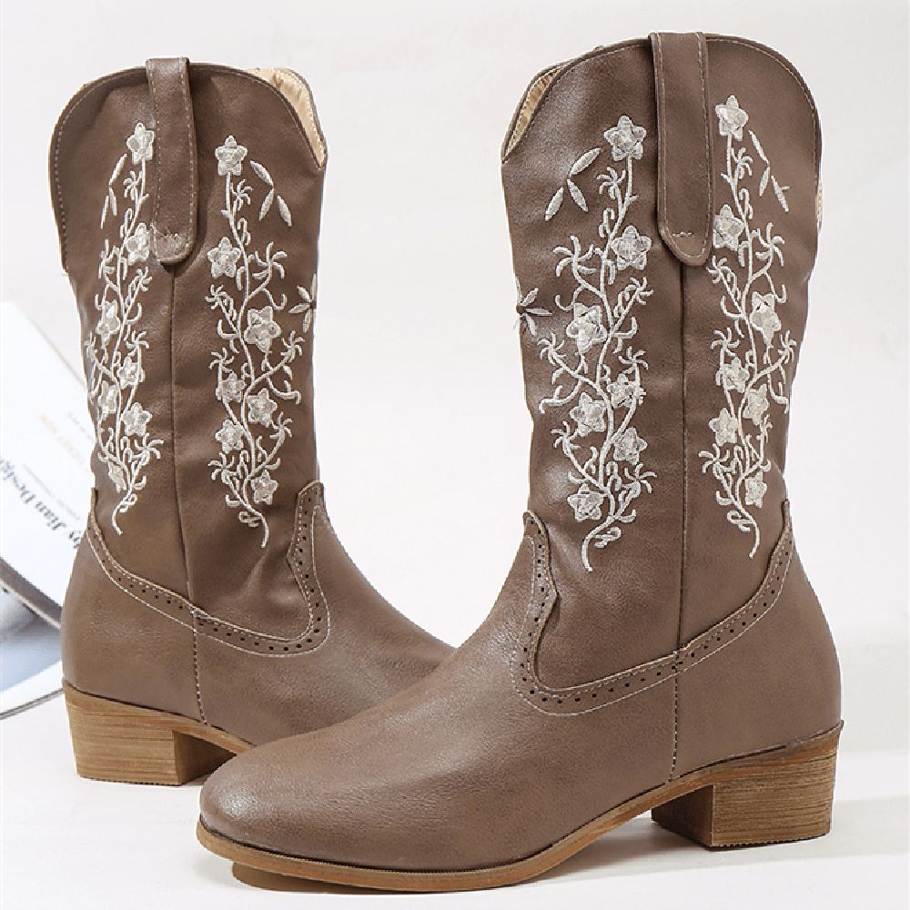 Retro Bloemen Vierkante Teen Slip Op Halfhoge Blokhak Cowboylaarzen Dames