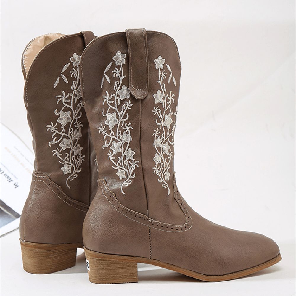 Retro Bloemen Vierkante Teen Slip Op Halfhoge Blokhak Cowboylaarzen Dames