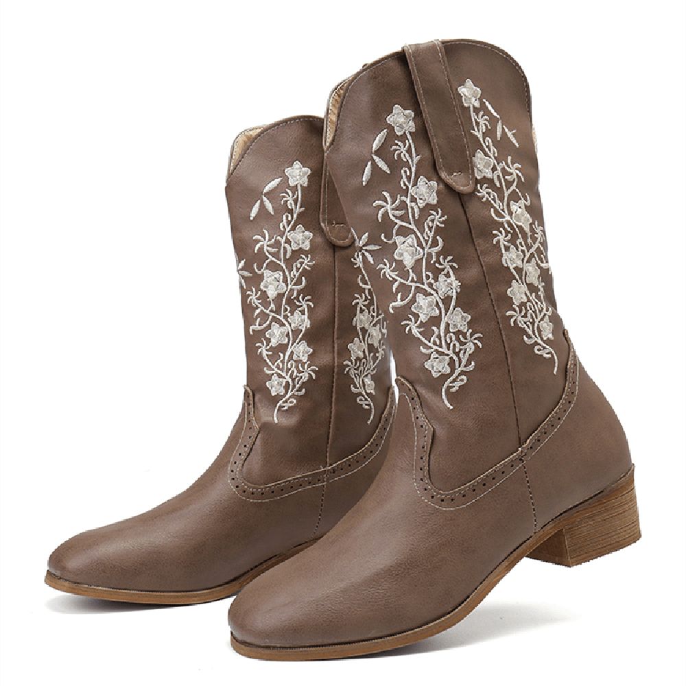 Retro Bloemen Vierkante Teen Slip Op Halfhoge Blokhak Cowboylaarzen Dames