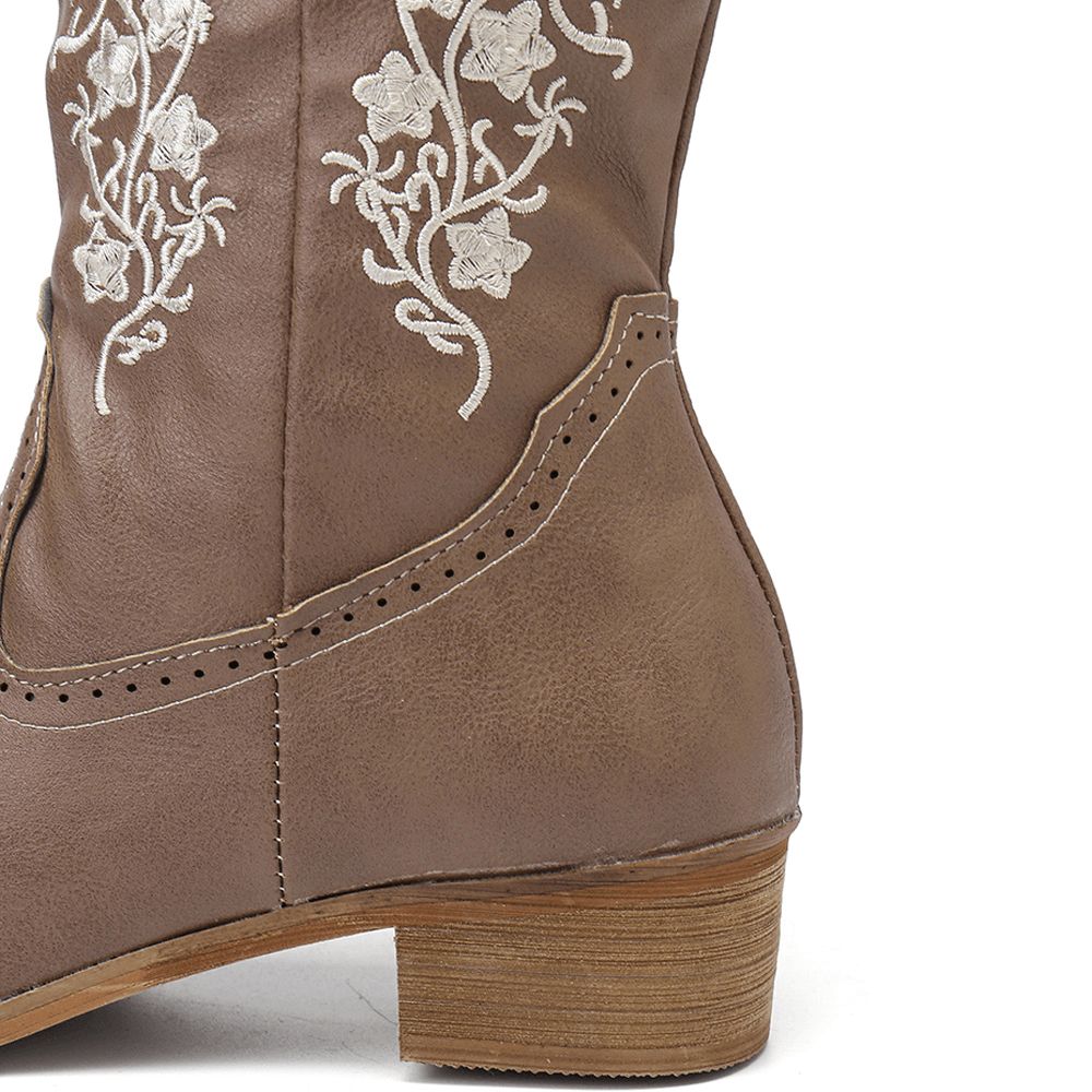 Retro Bloemen Vierkante Teen Slip Op Halfhoge Blokhak Cowboylaarzen Dames