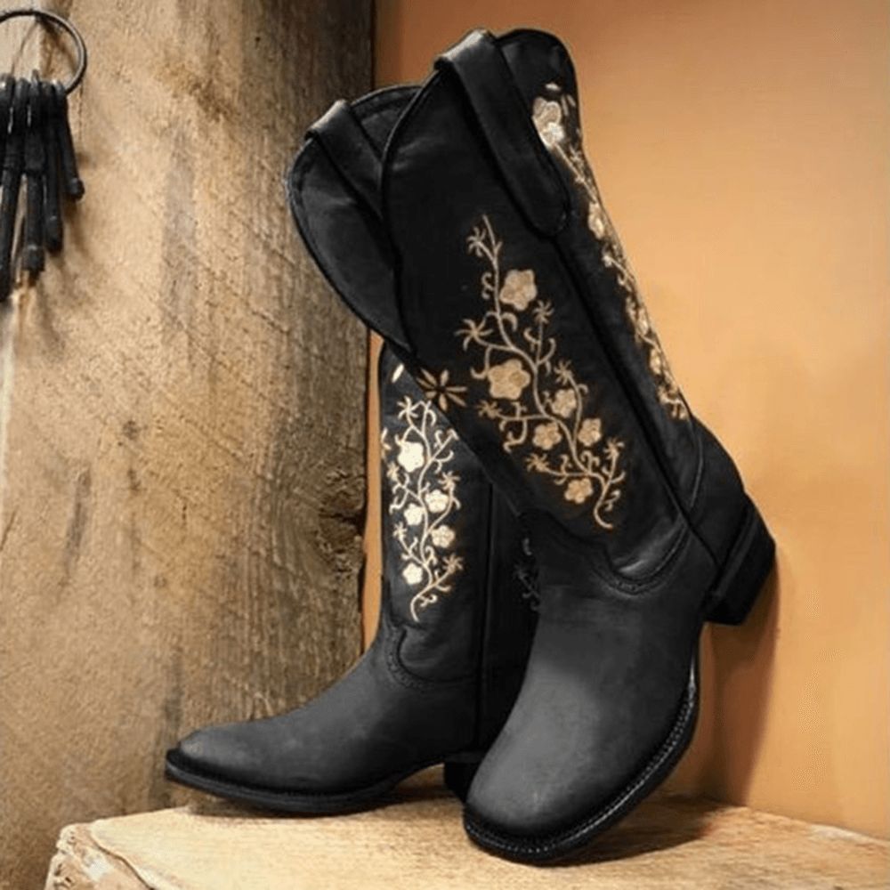 Retro Bloemen Vierkante Teen Slip Op Halfhoge Blokhak Cowboylaarzen Dames