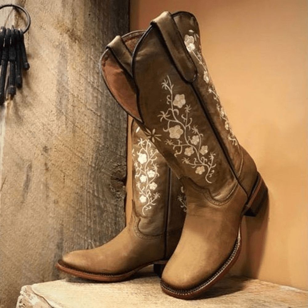 Retro Bloemen Vierkante Teen Slip Op Halfhoge Blokhak Cowboylaarzen Dames