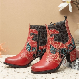 Retro Stikselpatroon Doek Comfy Side Zipper Chunky Heel Korte Laarzen