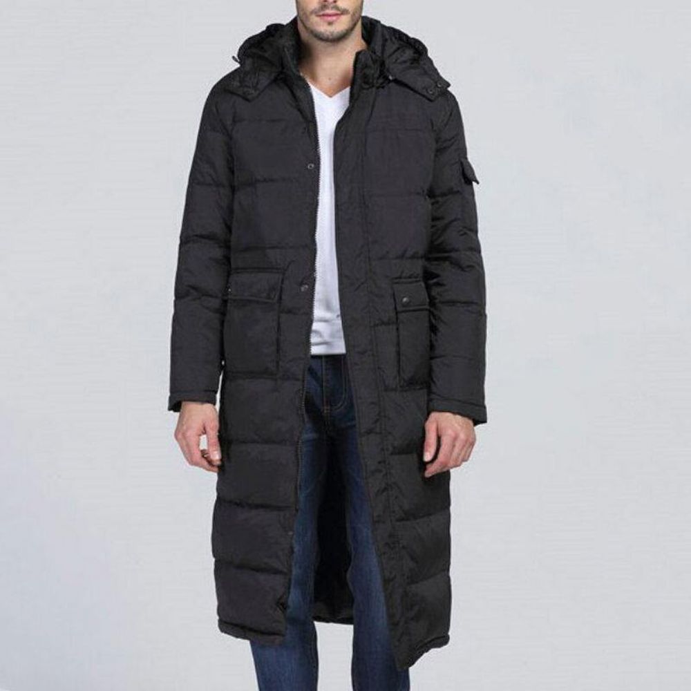 Heren Winter Outdoor Winddicht Warm Effen Kleur Capuchon Lange Gewatteerde Jas Parka Bovenkleding