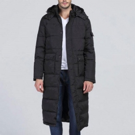 Heren Winter Outdoor Winddicht Warm Effen Kleur Capuchon Lange Gewatteerde Jas Parka Bovenkleding