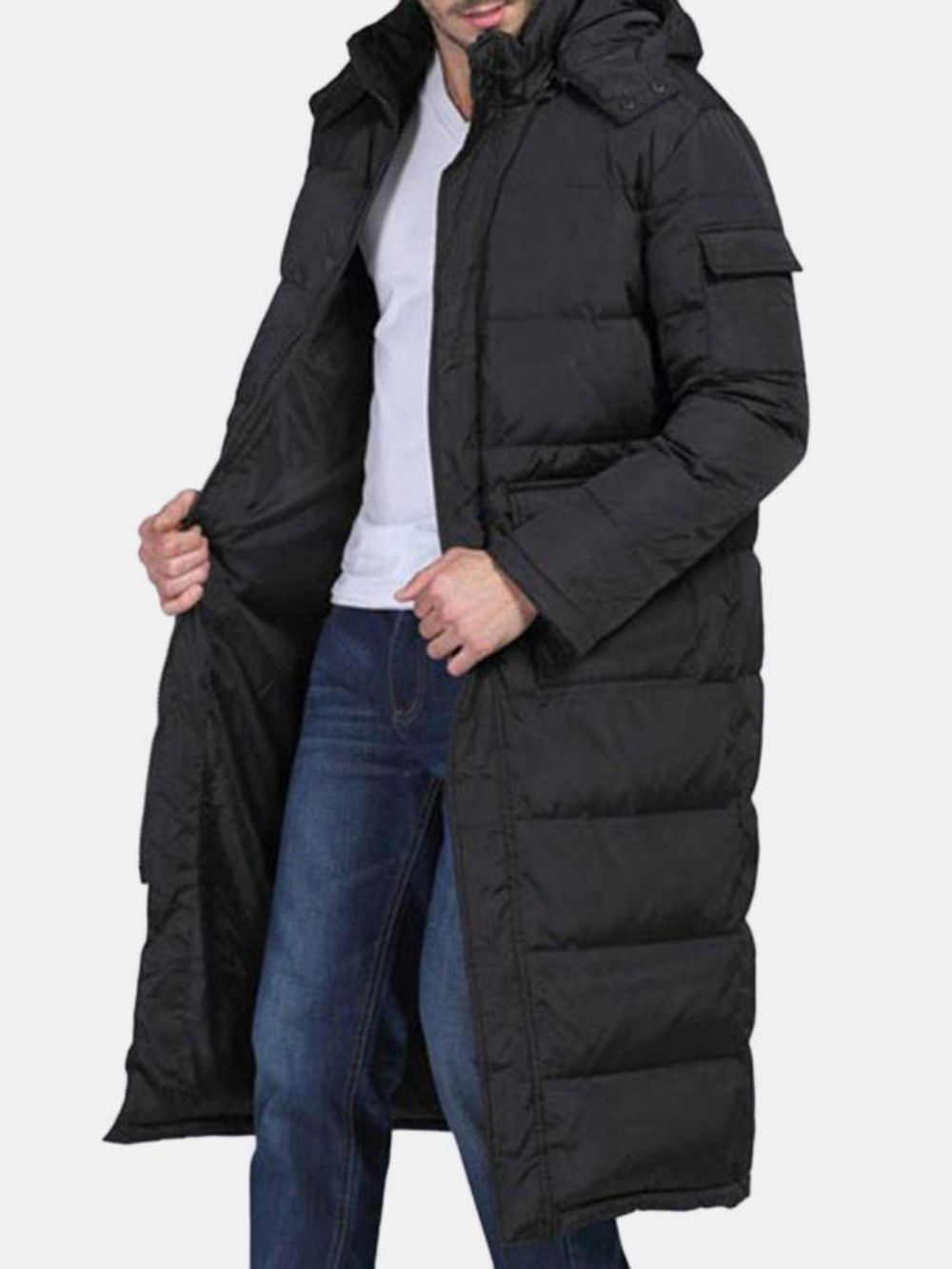 Heren Winter Outdoor Winddicht Warm Effen Kleur Capuchon Lange Gewatteerde Jas Parka Bovenkleding