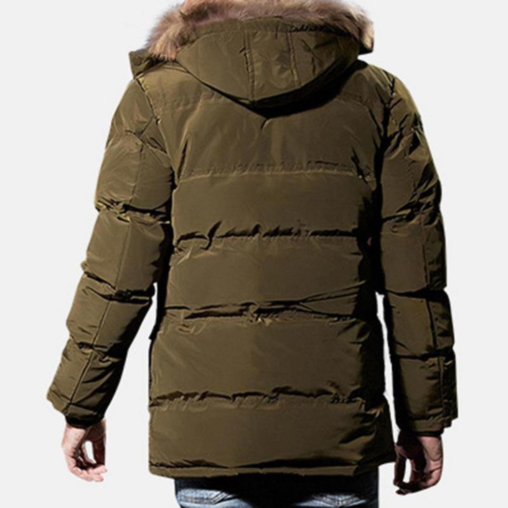 Heren Winter Winddicht Meerdere Zakken Rits Knopen Effen Kleur Harige Capuchon Warm Gewatteerde Jas Parka