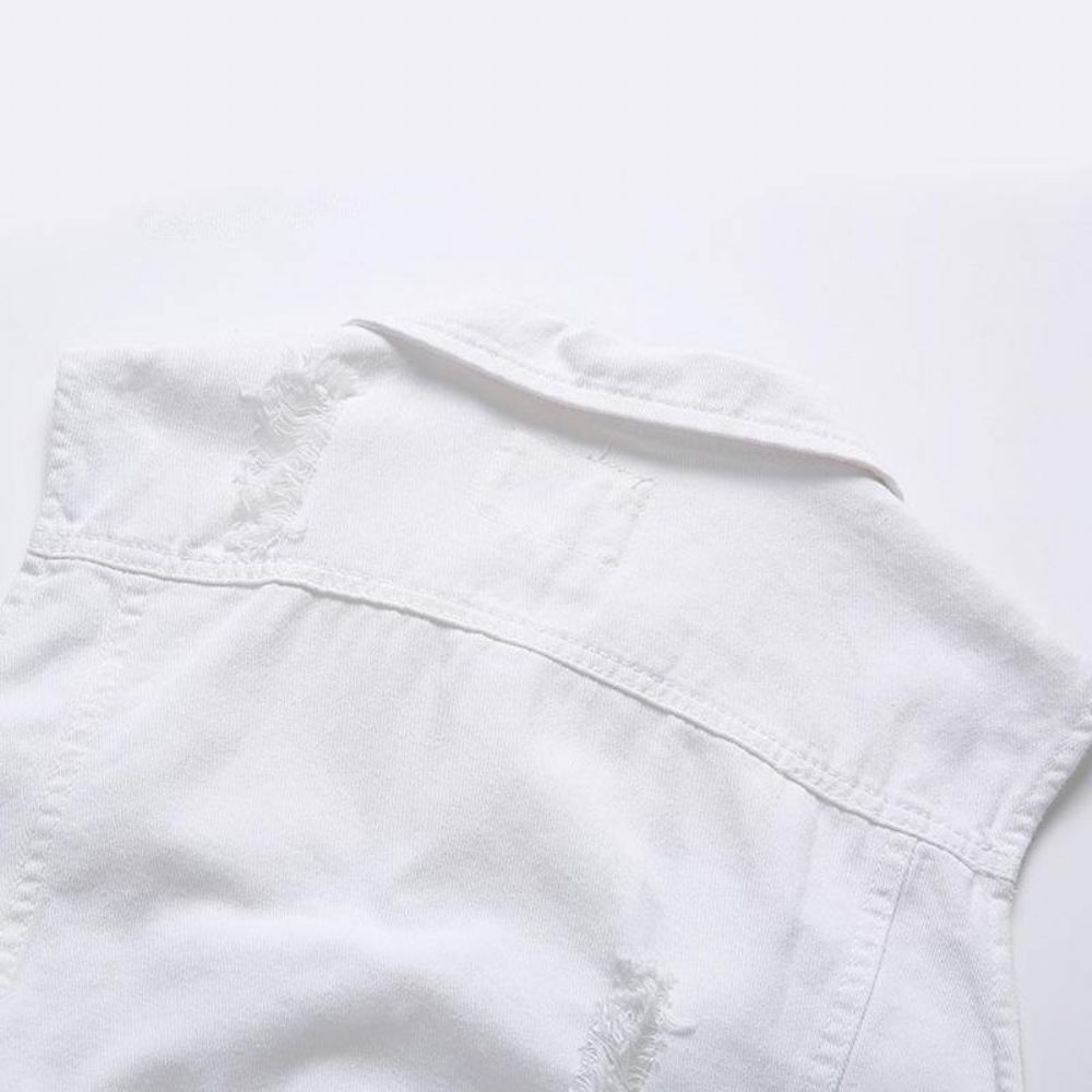 Casual Holes Pocket Witte Denim Vesten