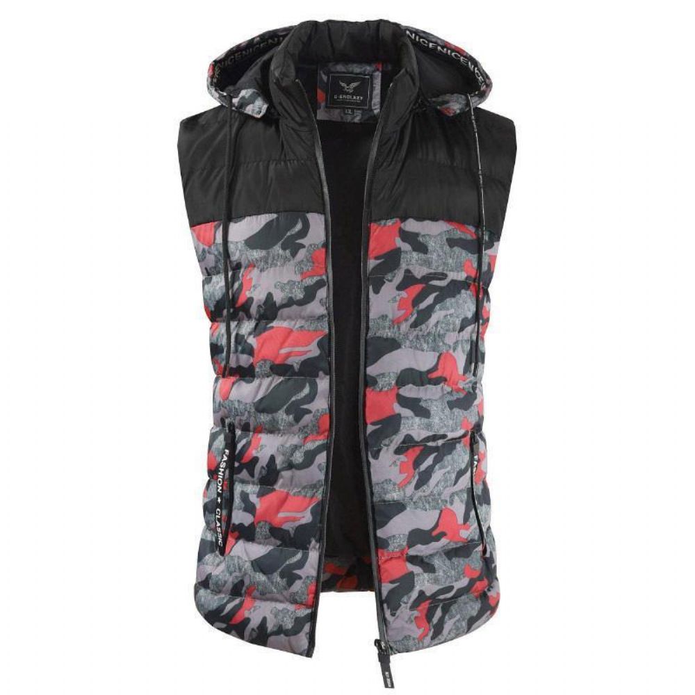 Heren Camo Patchwork Afneembare Capuchon Dik Warm Gewatteerd Vest