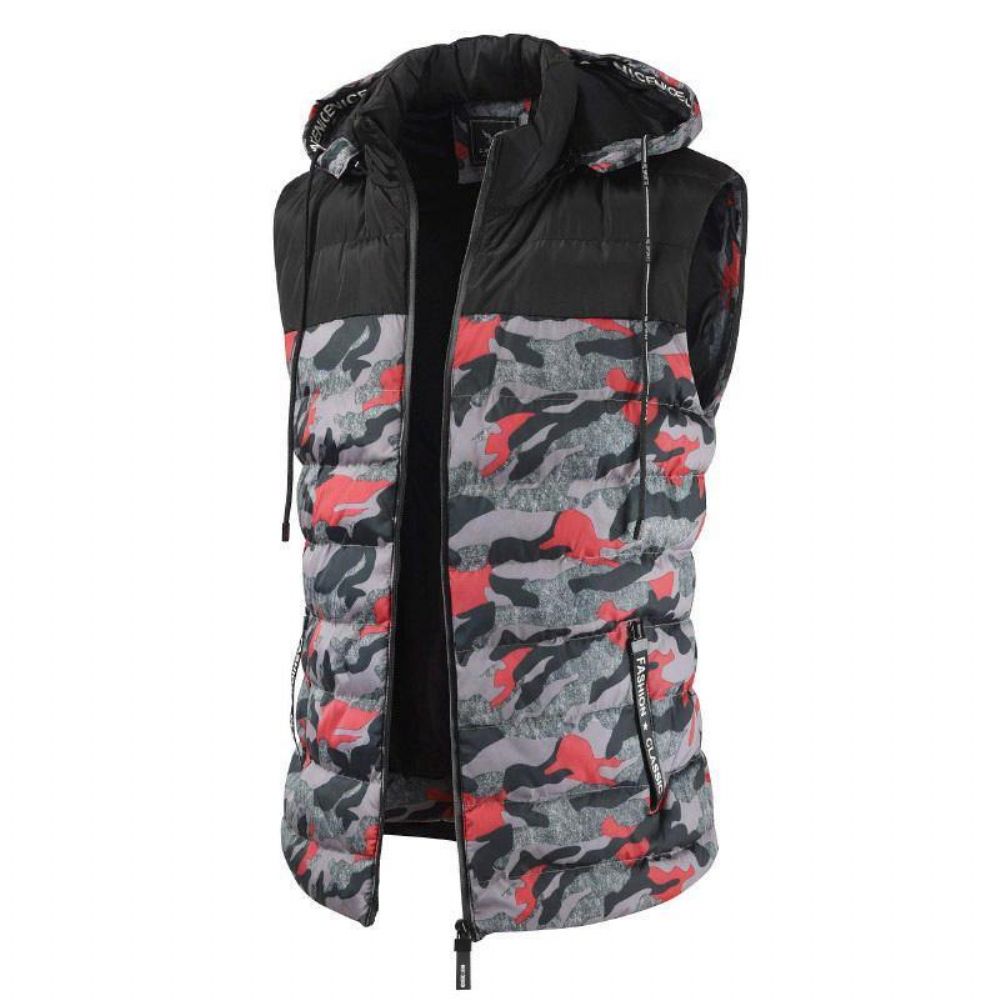 Heren Camo Patchwork Afneembare Capuchon Dik Warm Gewatteerd Vest