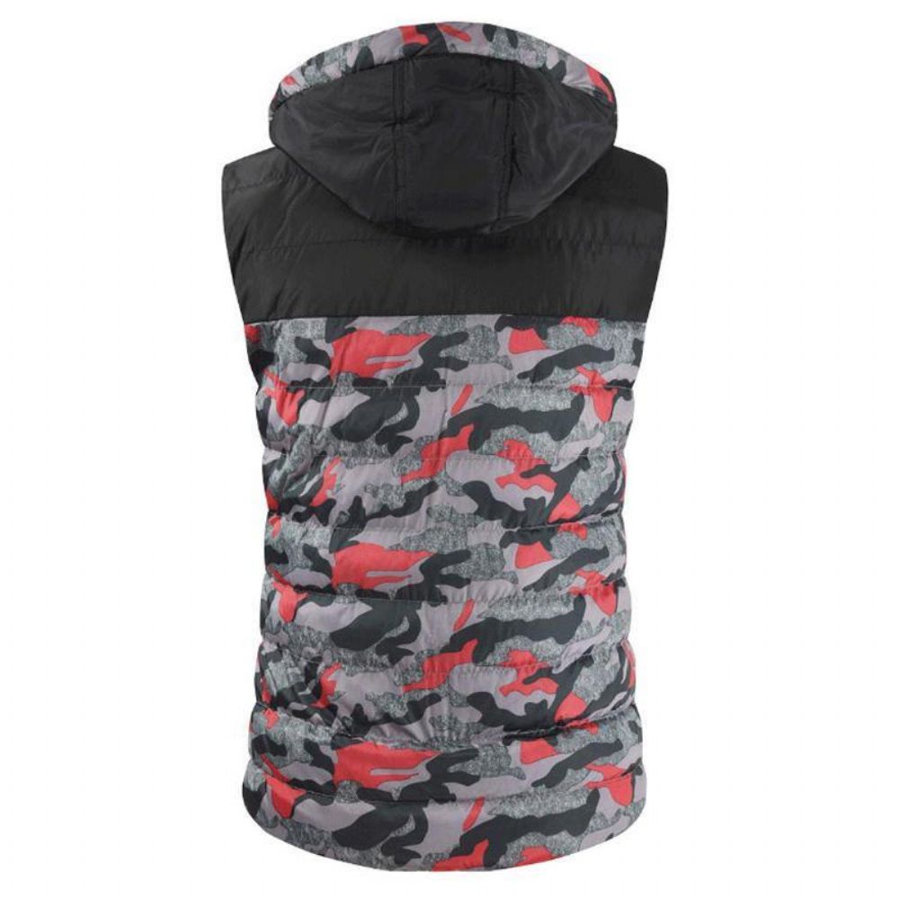 Heren Camo Patchwork Afneembare Capuchon Dik Warm Gewatteerd Vest