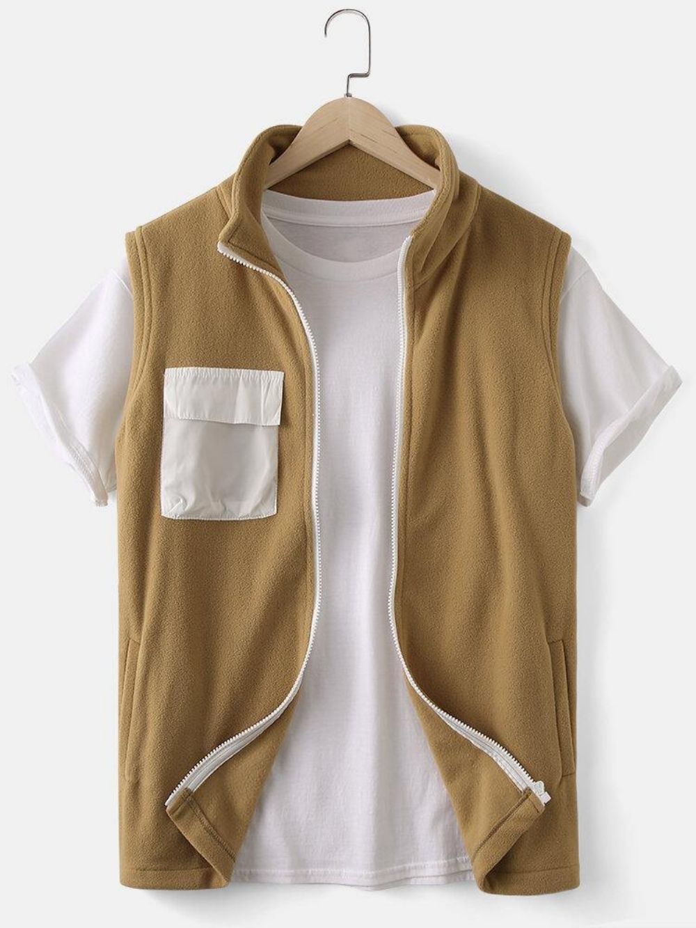 Heren Effen Kleur Rits Mouwloos Casual Vest Met Patchwork Zak