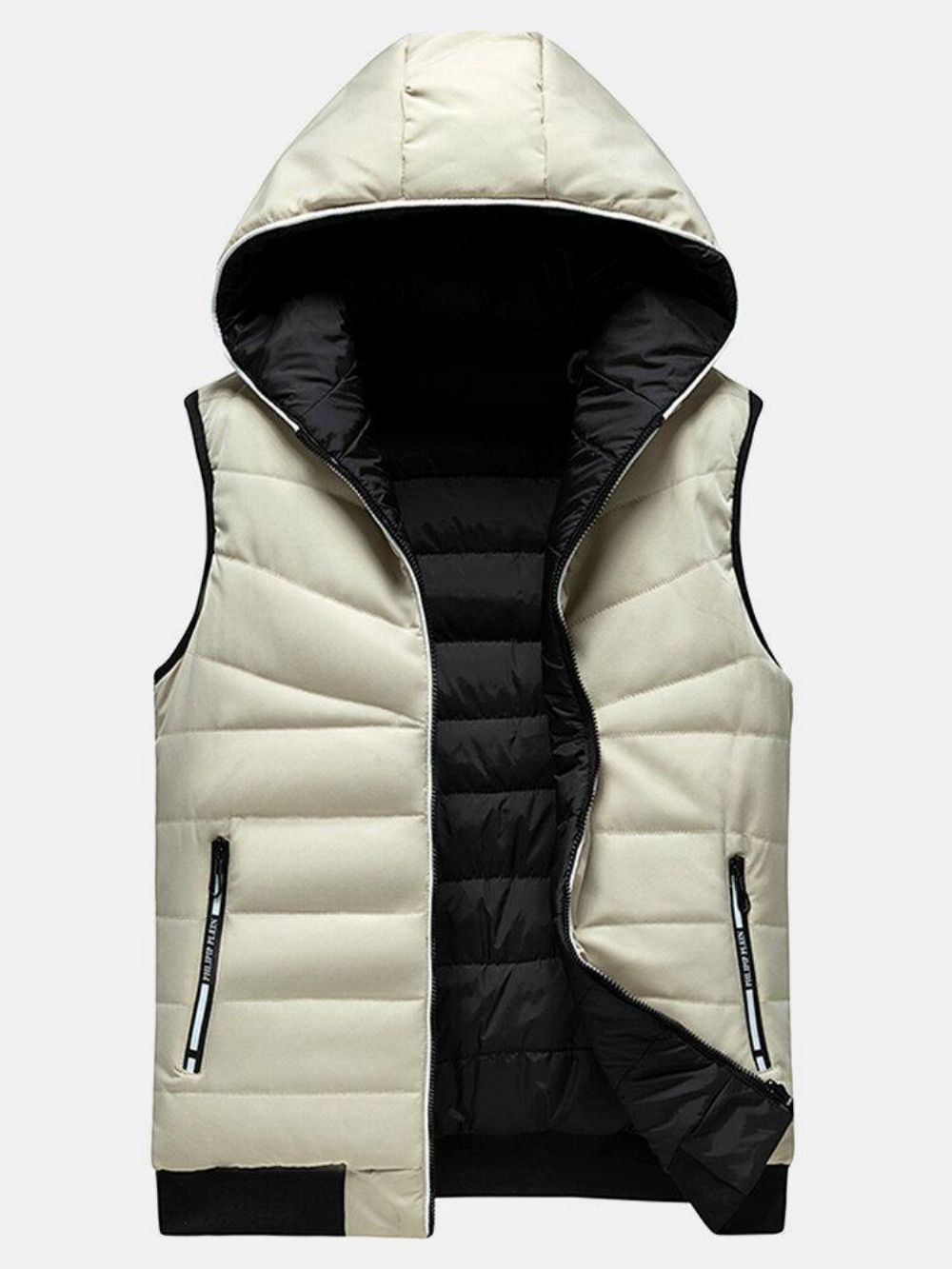 Heren Effen Kleur Rits Winddicht Warm Omkeerbaar Gewatteerd Gilet Met Capuchon Met Zak